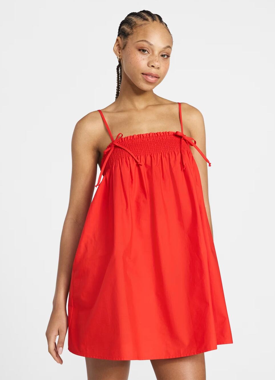 No Boundaries Red Smocked Tie Strap Cotton Poplin Mini Dress L
